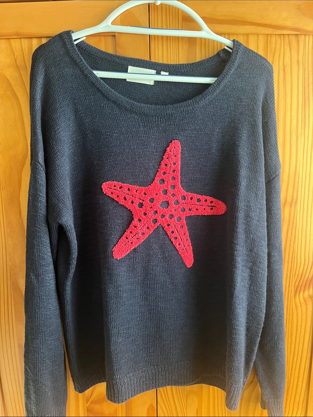 Women's Navy Summer Sweater with Fuschia Starfish Applique